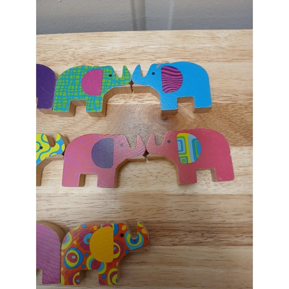 Set of 10 Mindware Wild Ways Wooden Elephants Stacking Game Colorful Patterns